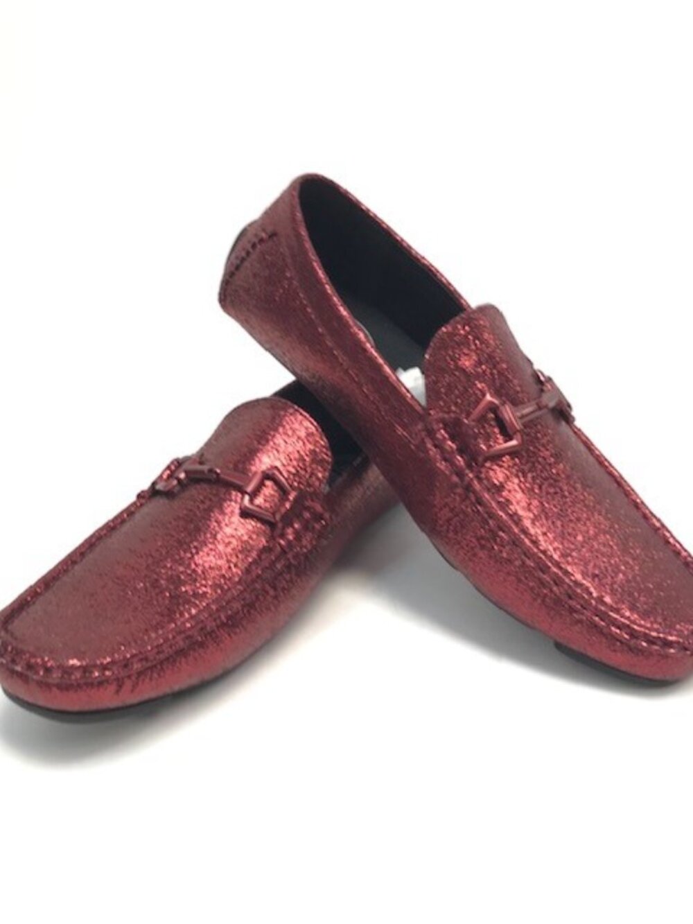 Amali's Men's Burgundy Moccasin Shoes Crackled Metallic Twist Matching Buckle